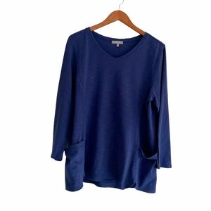 Habitat V-Neck Tunic Top Sz L Blue Pockets Minimalist Artsy Lagenlook Boho Chic
